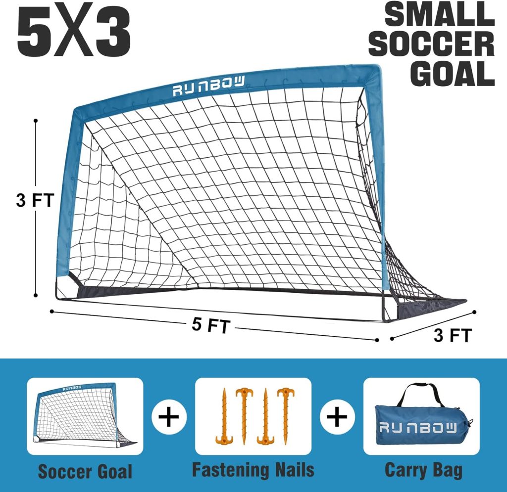RUNBOW 5x3 ft Portable Kids Soccer Goal for Backyard Small Children Pop Up Soccer Goal Net Set of 2 with Portable Carrying Case